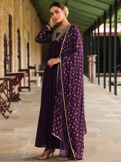 Janasya Women's Purple Georgette Embroidered Gold Printed Anarkali Kurta With Dupatta Set
