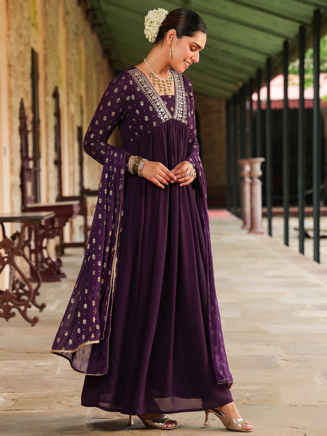 Janasya Women's Purple Georgette Embroidered Gold Printed Anarkali Kurta With Dupatta Set