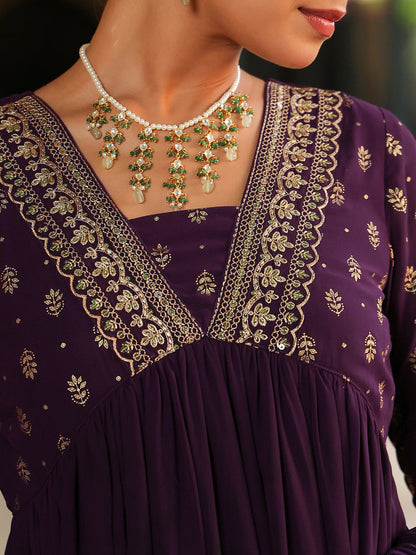 Janasya Women's Purple Georgette Embroidered Gold Printed Anarkali Kurta With Dupatta Set