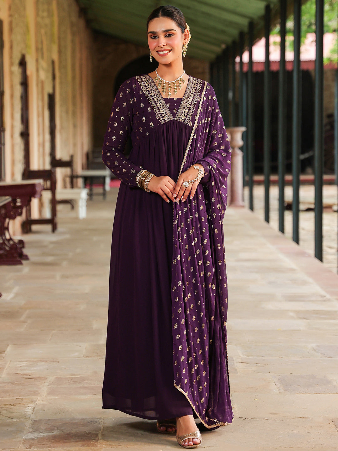 Janasya Women's Purple Georgette Embroidered Gold Printed Anarkali Kurta With Dupatta Set