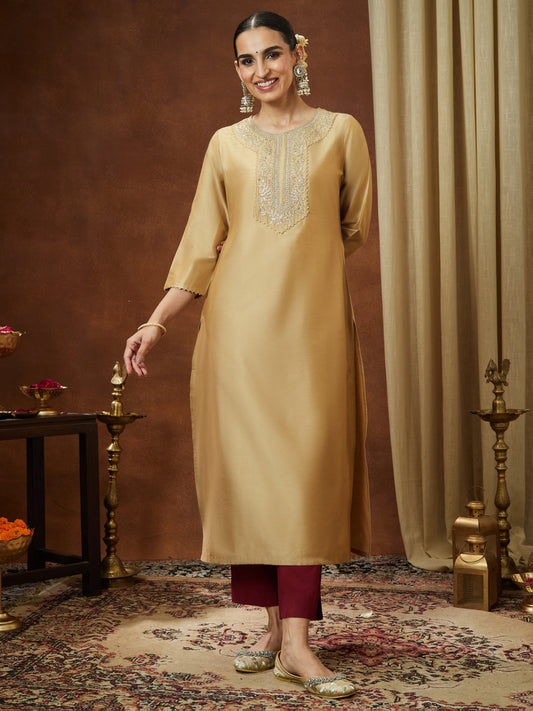 Janasya Women's Beige Chanderi Silk Zari Yoke Embroidered Straight Kurta