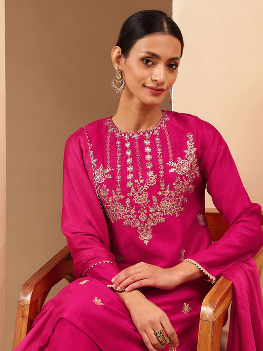 Janasya Women's Pink Silk Blend Zari Embroidered Straight Kurta With Sharara & Dupatta Set