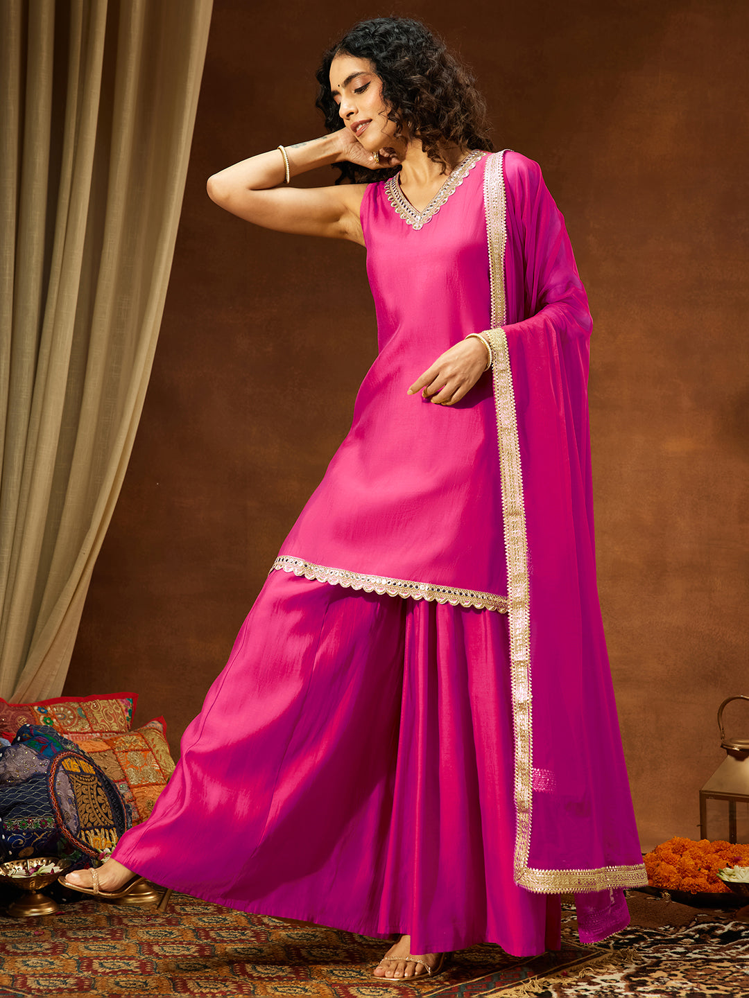 Janasya Women's Pink Chanderi Silk Embellished Straight Kurta With Sharara & Dupatta Set