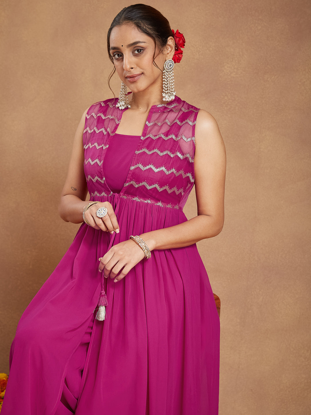 Janasya Women Pink Georgette Sequinned Front-slit Kurta With Crop Top & Palazzo Set