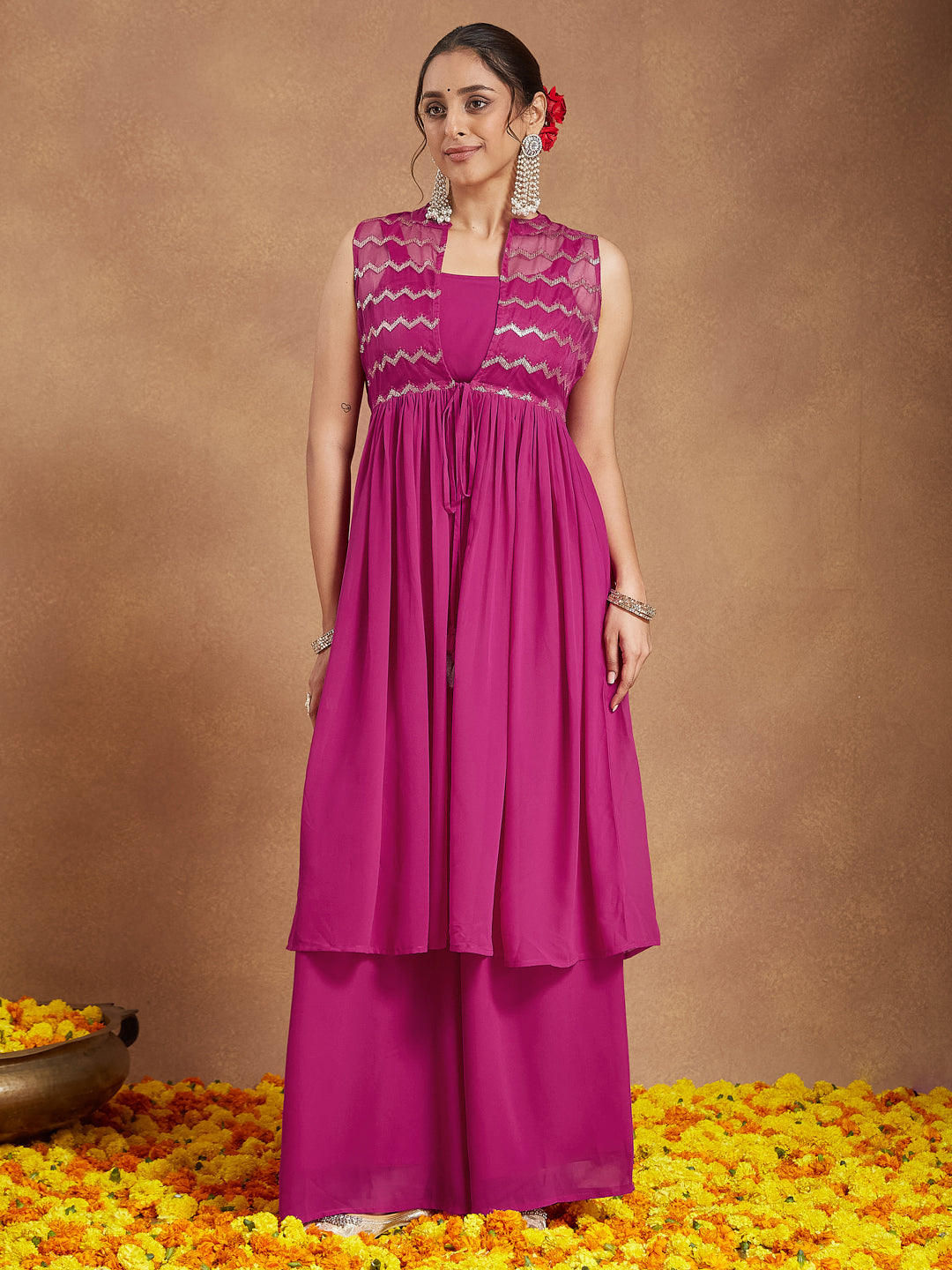 Janasya Women Pink Georgette Sequinned Front-slit Kurta With Crop Top & Palazzo Set