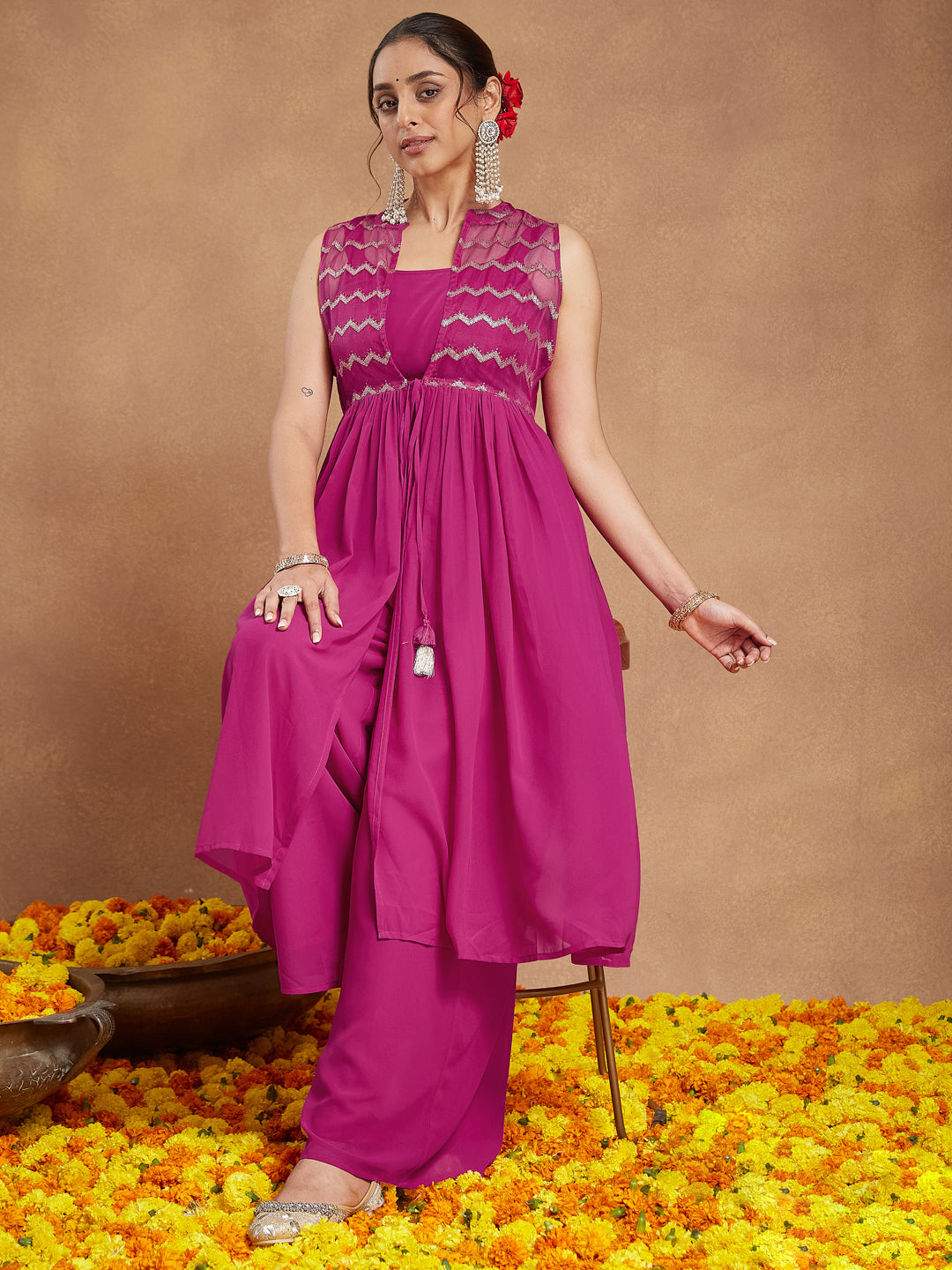 Janasya Women Pink Georgette Sequinned Front-slit Kurta With Crop Top & Palazzo Set
