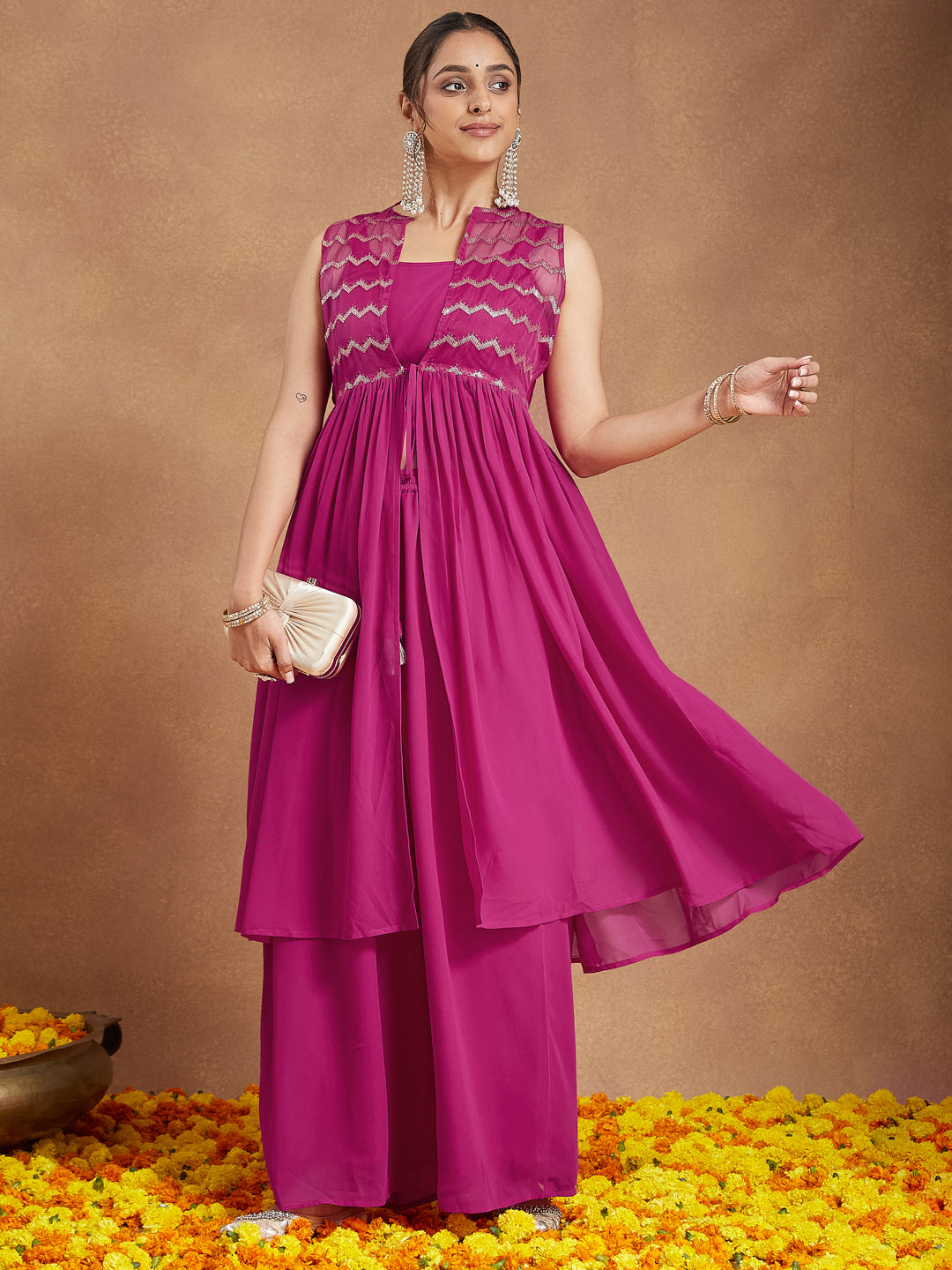 Janasya Women Pink Georgette Sequinned Front-slit Kurta With Crop Top & Palazzo Set