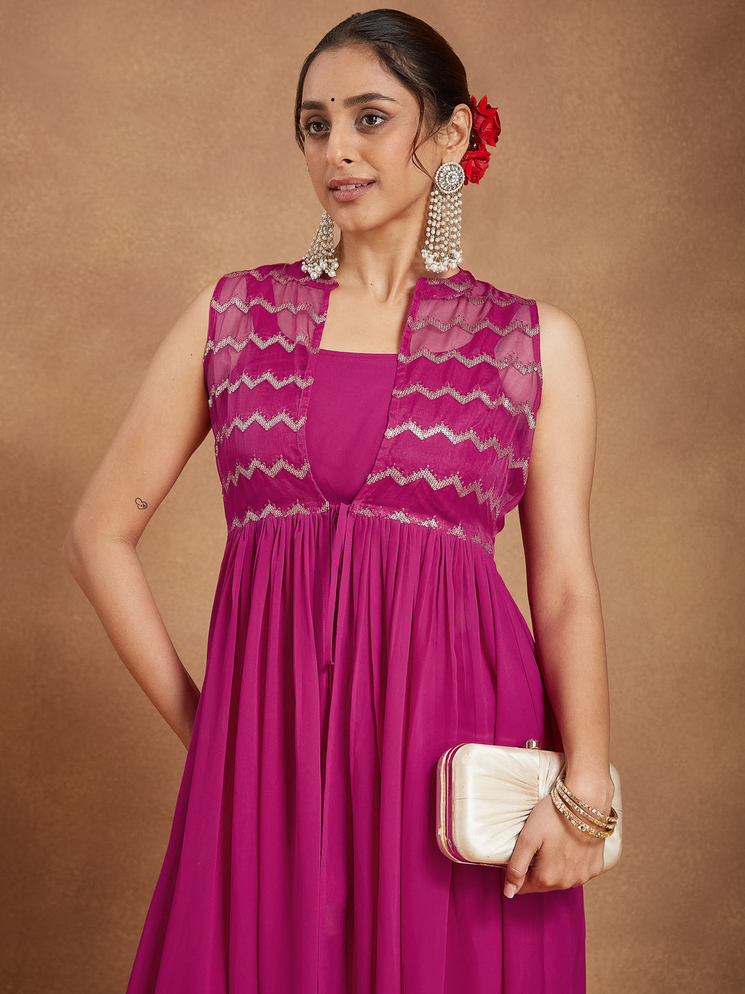 Janasya Women Pink Georgette Sequinned Front-slit Kurta With Crop Top & Palazzo Set