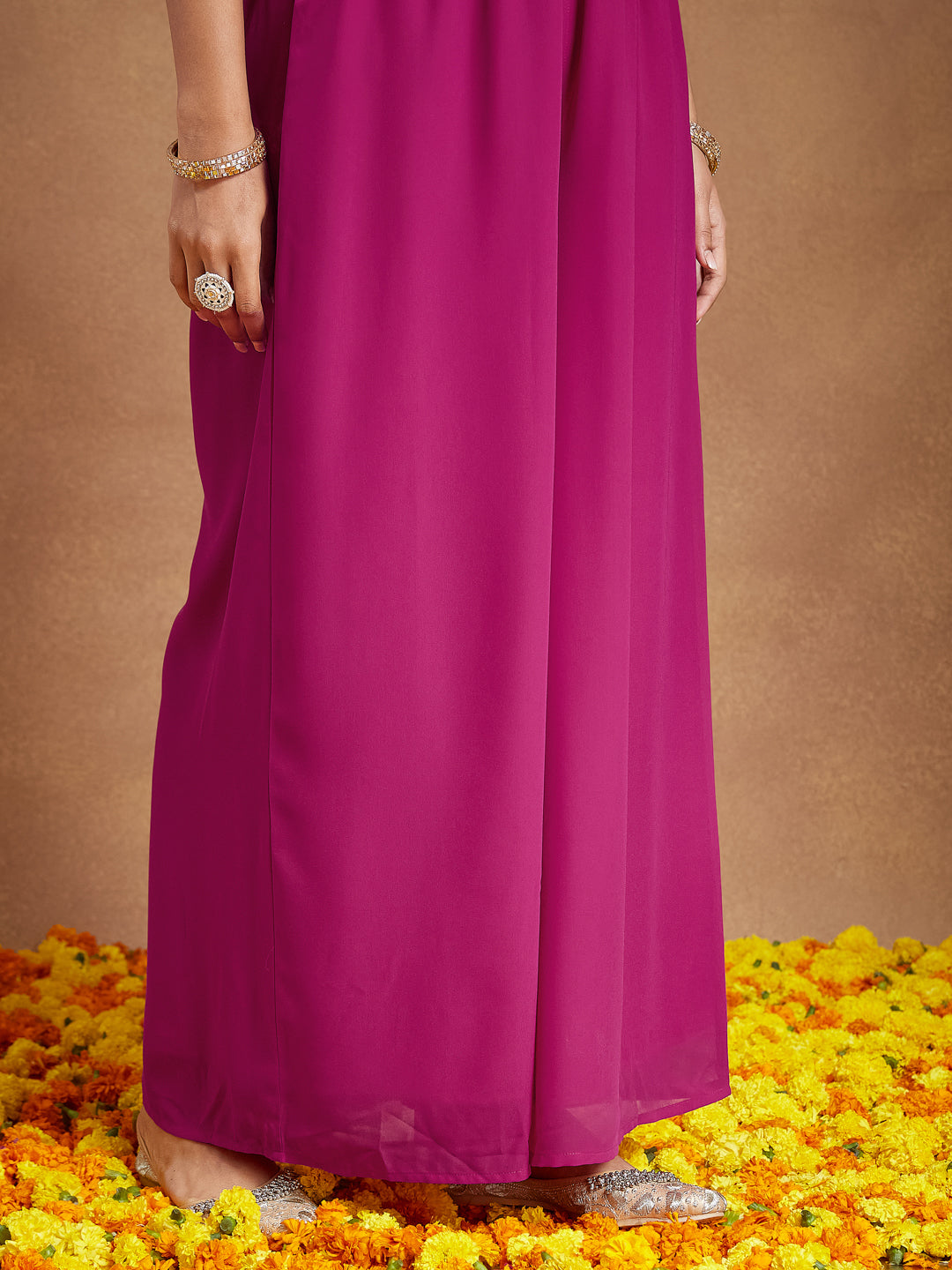 Janasya Women Pink Georgette Sequinned Front-slit Kurta With Crop Top & Palazzo Set