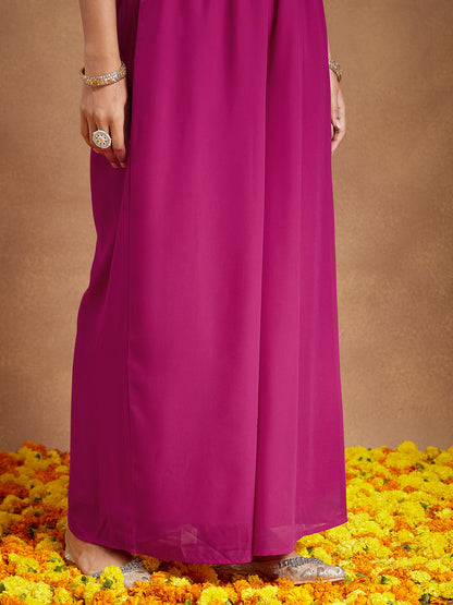 Janasya Women Pink Georgette Sequinned Front-slit Kurta With Crop Top & Palazzo Set