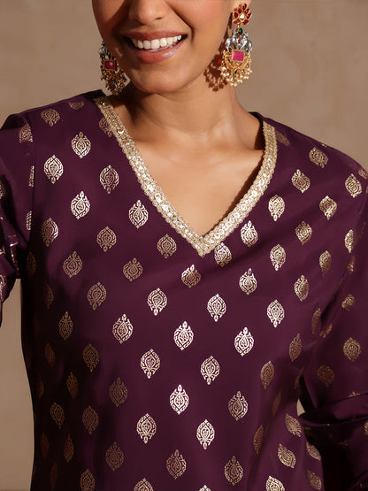 Janasya Women's Purple Chanderi Silk Embellished Gold Printed Kurta With Sharara & Dupatta Set