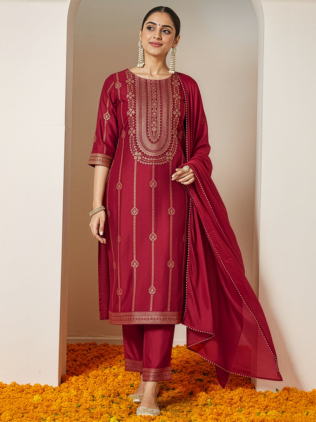 Janasya Women's Maroon Silk Blend Gold Printed Straight Kurta Set