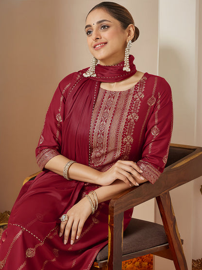Janasya Women's Maroon Silk Blend Gold Printed Straight Kurta Set