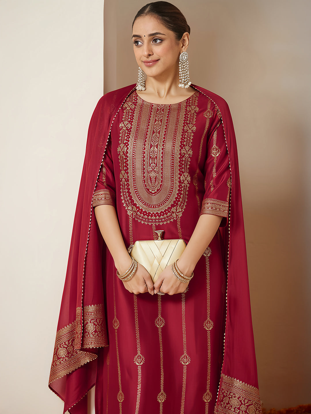 Janasya Women's Maroon Silk Blend Gold Printed Straight Kurta Set