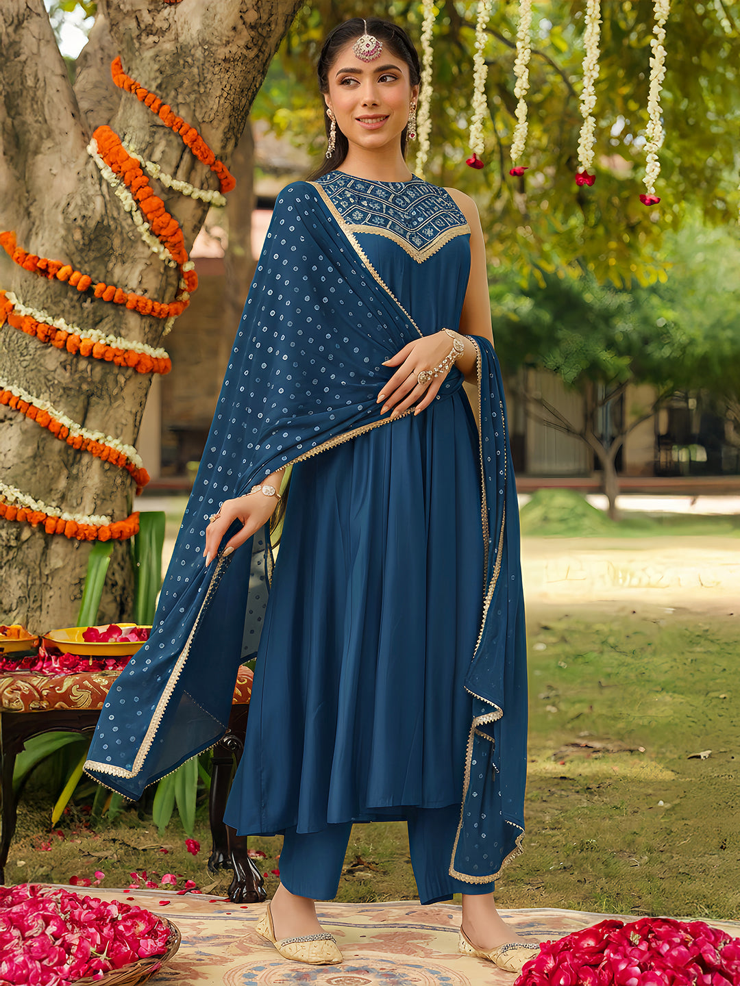 Janasya Women Teal Blue Chanderi Silk Embellished Anarkali Kurta Set With Dupatta