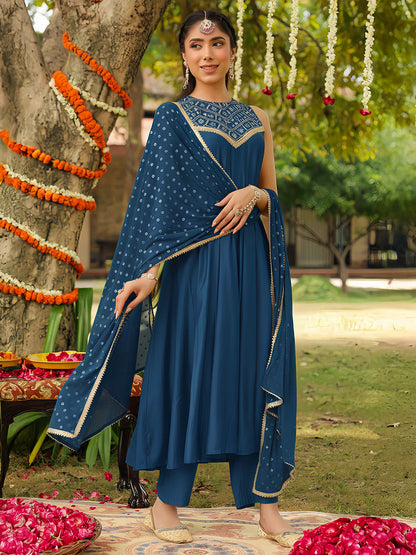 Janasya Women Teal Blue Chanderi Silk Embellished Anarkali Kurta Set With Dupatta