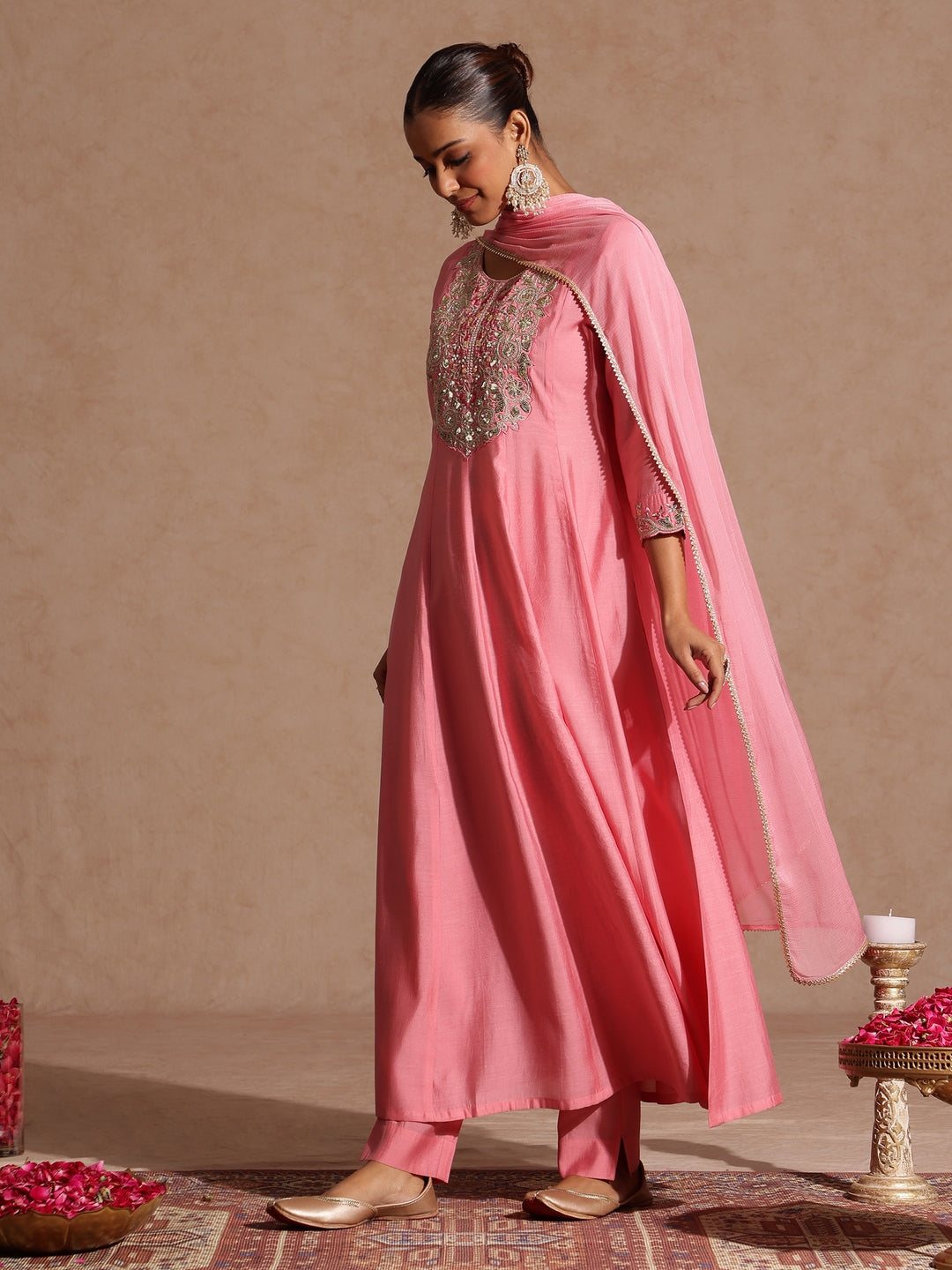 Janasya Women's Light Pink Chanderi Silk Zari Yoke Embroidered Anarkali Kurta Set