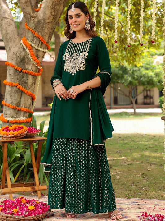 Janasya Women's Dark Green Georgette Embroidered Straight Kurta With Sharara & Dupatta Set