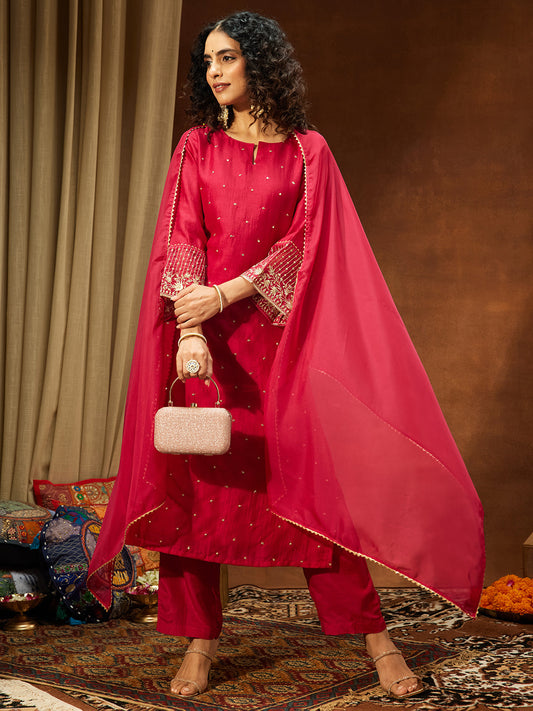 Janasya Women's Pink Silk Blend Embellished Straight Kurta Set