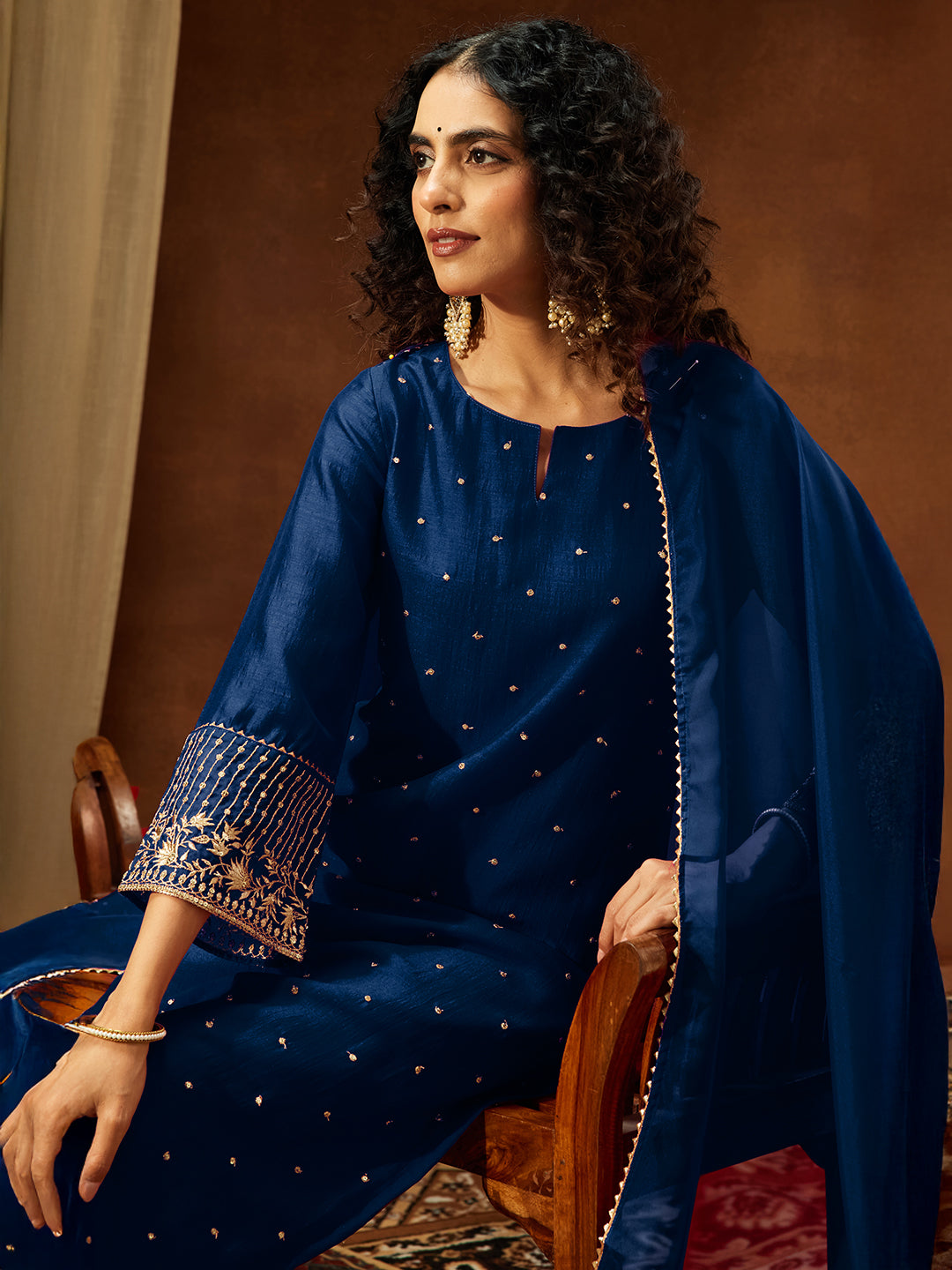 Janasya Women's Teal Blue Silk Blend Embellished Straight Kurta Set