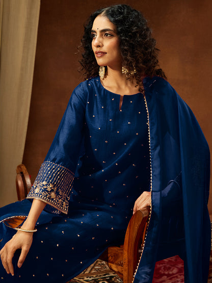 Janasya Women's Teal Blue Silk Blend Embellished Straight Kurta Set