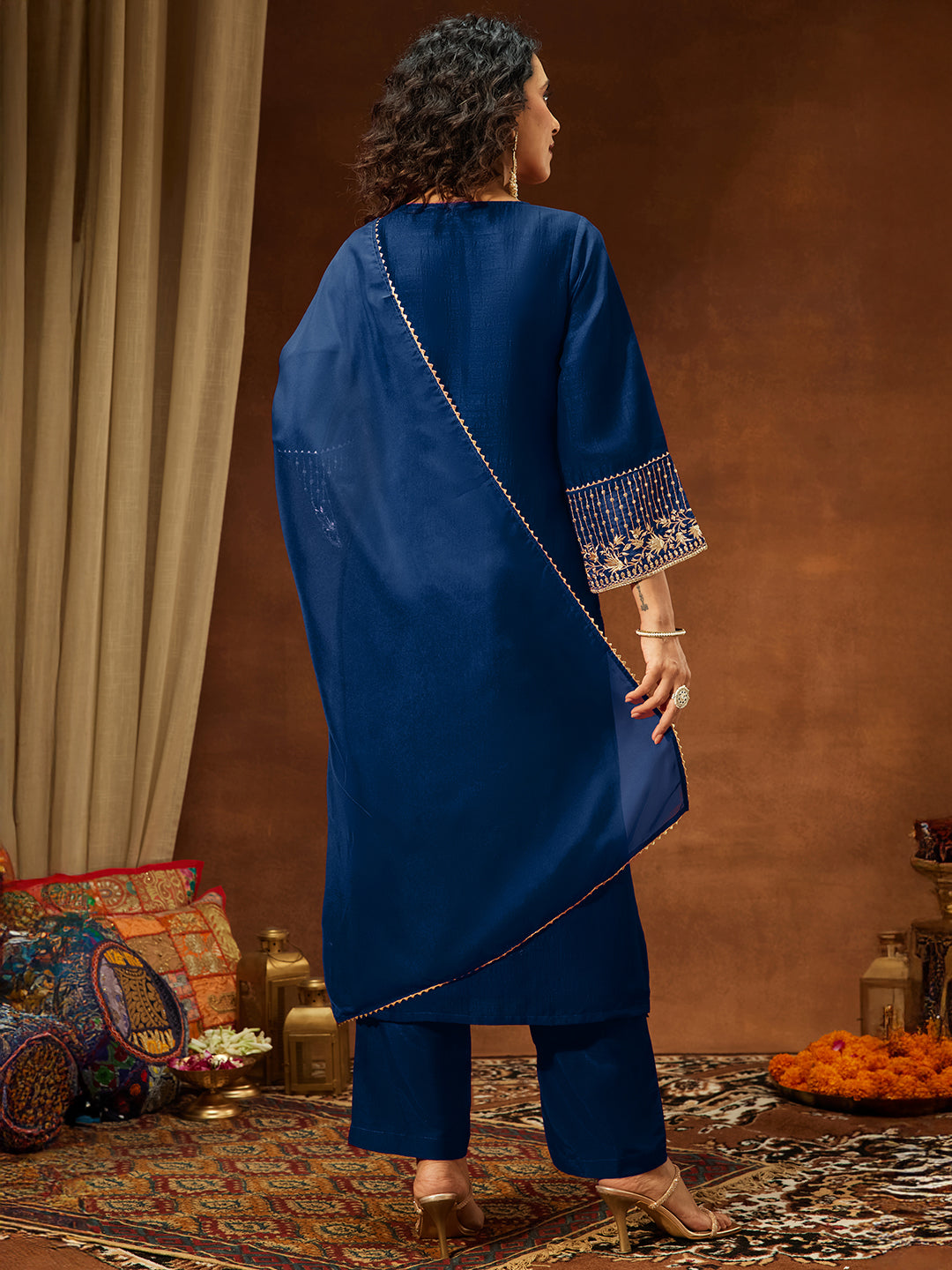 Janasya Women's Teal Blue Silk Blend Embellished Straight Kurta Set