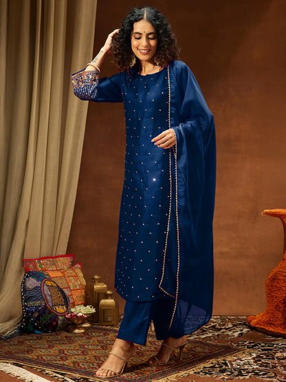 Janasya Women's Teal Blue Silk Blend Embellished Straight Kurta Set