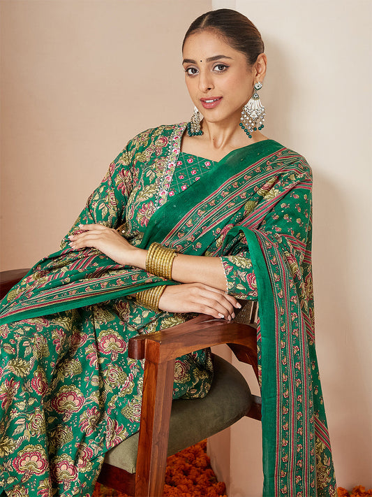 Janasya Women's Dark Green Pure Cotton Floral Printed Yoke Embroidered A-line Kurta Set