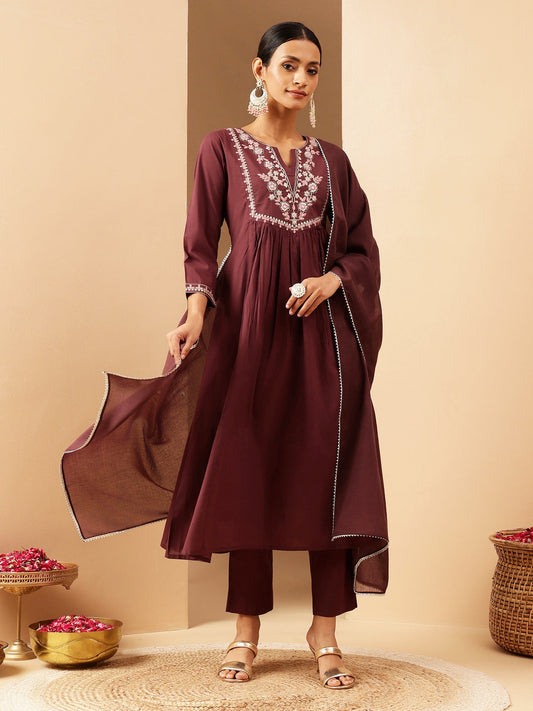 Janasya Women's Bungundy Pure Cotton Yoke Embroidered A-line Kurta Set