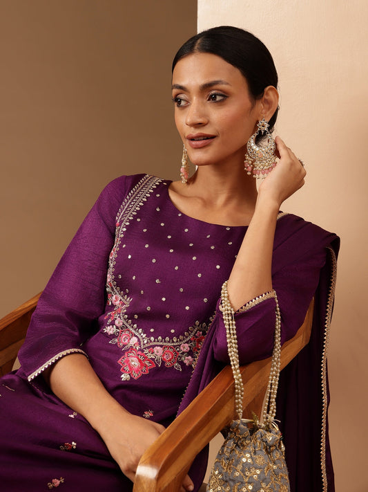 Janasya Women's Purple Silk Blend Zari Embroidered Straight Kurta Set