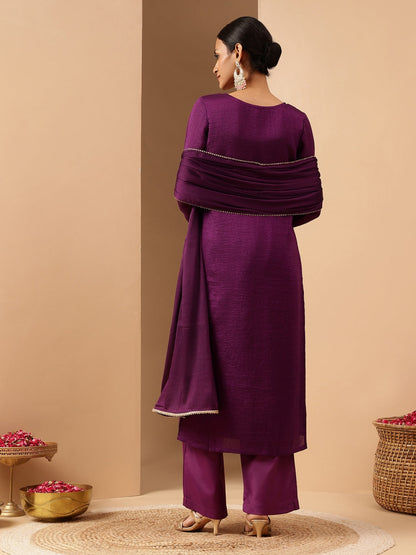 Janasya Women's Purple Silk Blend Zari Embroidered Straight Kurta Set