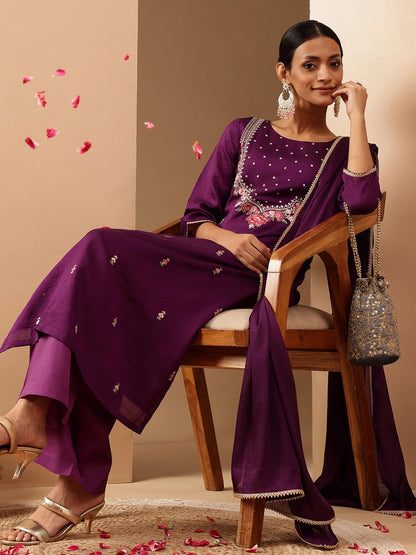 Janasya Women's Purple Silk Blend Zari Embroidered Straight Kurta Set
