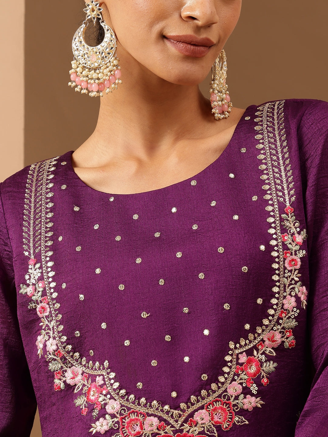 Janasya Women's Purple Silk Blend Zari Embroidered Straight Kurta Set