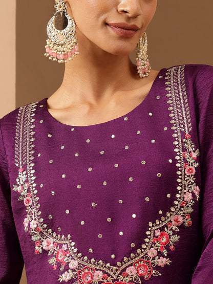 Janasya Women's Purple Silk Blend Zari Embroidered Straight Kurta Set