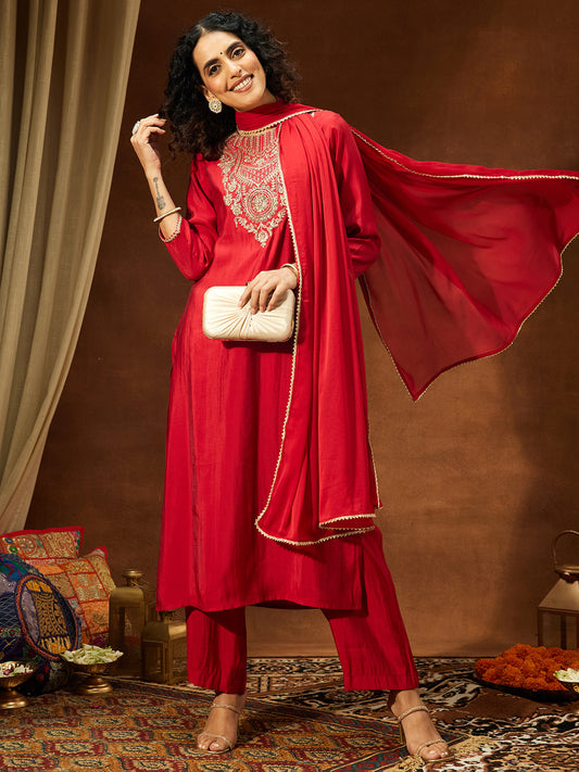 Janasya Women's Maroon Chanderi Silk Zari Yoke Embroidered Straight Kurta Set