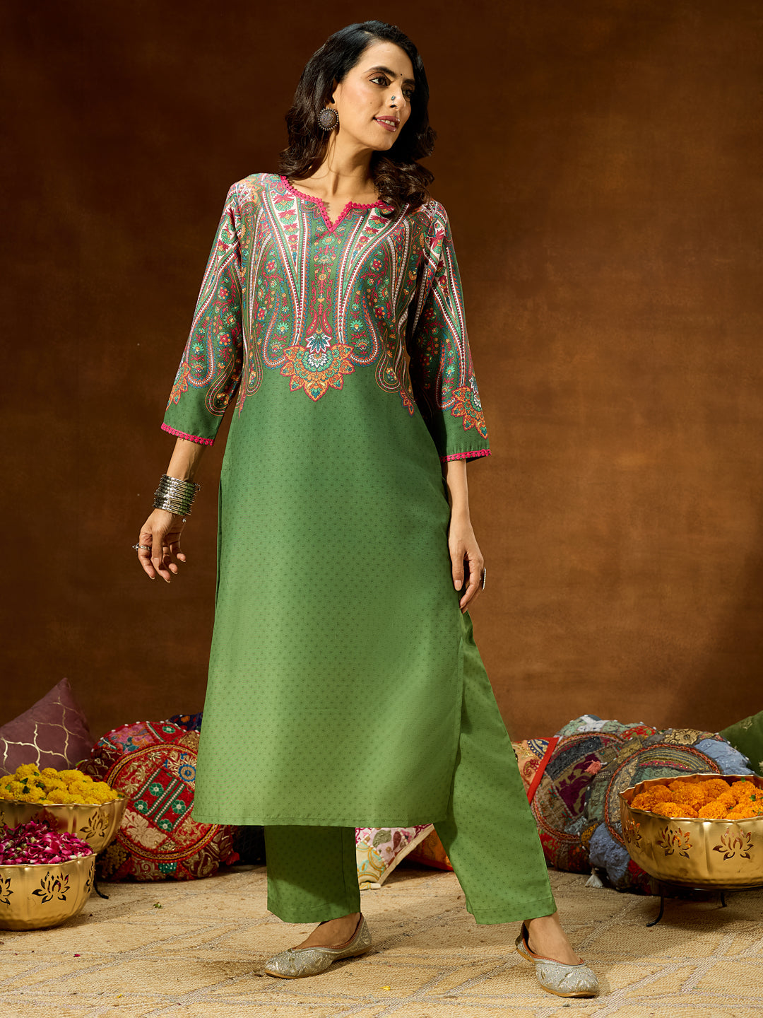 Janasya Women's Green Cotton Blend Printed Straight Co-ord Set
