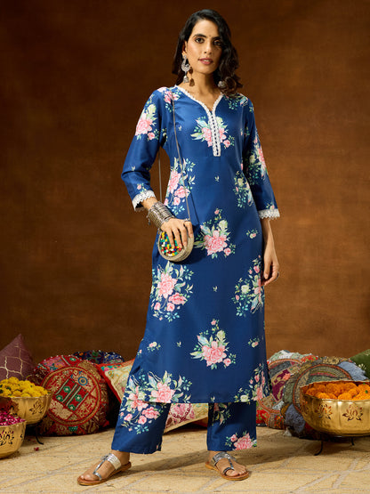Janasya Women's Blue Cotton Blend Floral Printed Straight Co-ord Set