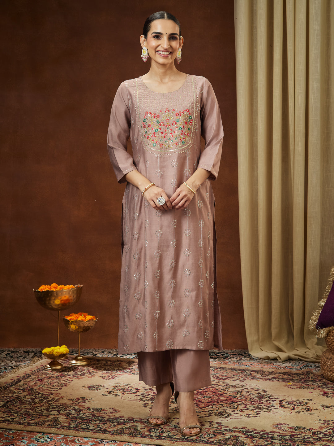 Janasya Women's Brown Silk Blend Zari Embroidered Straight Kurta Pant Set