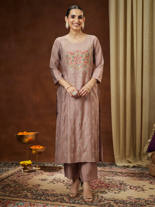 Janasya Women's Brown Silk Blend Zari Embroidered Straight Kurta Pant Set