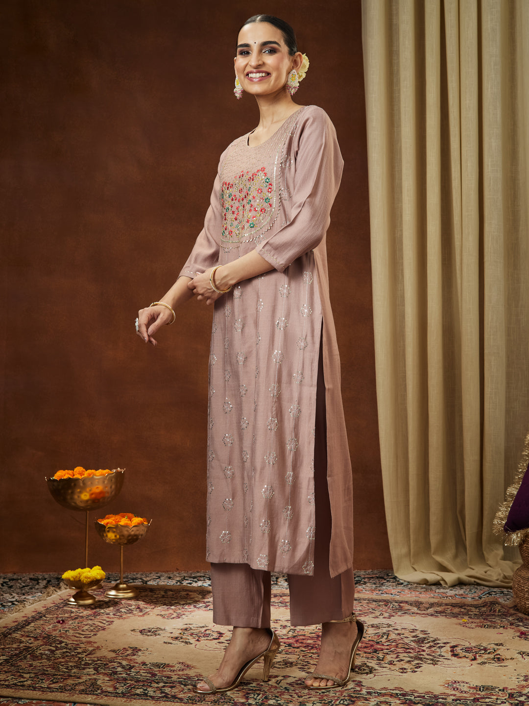 Janasya Women's Brown Silk Blend Zari Embroidered Straight Kurta Pant Set