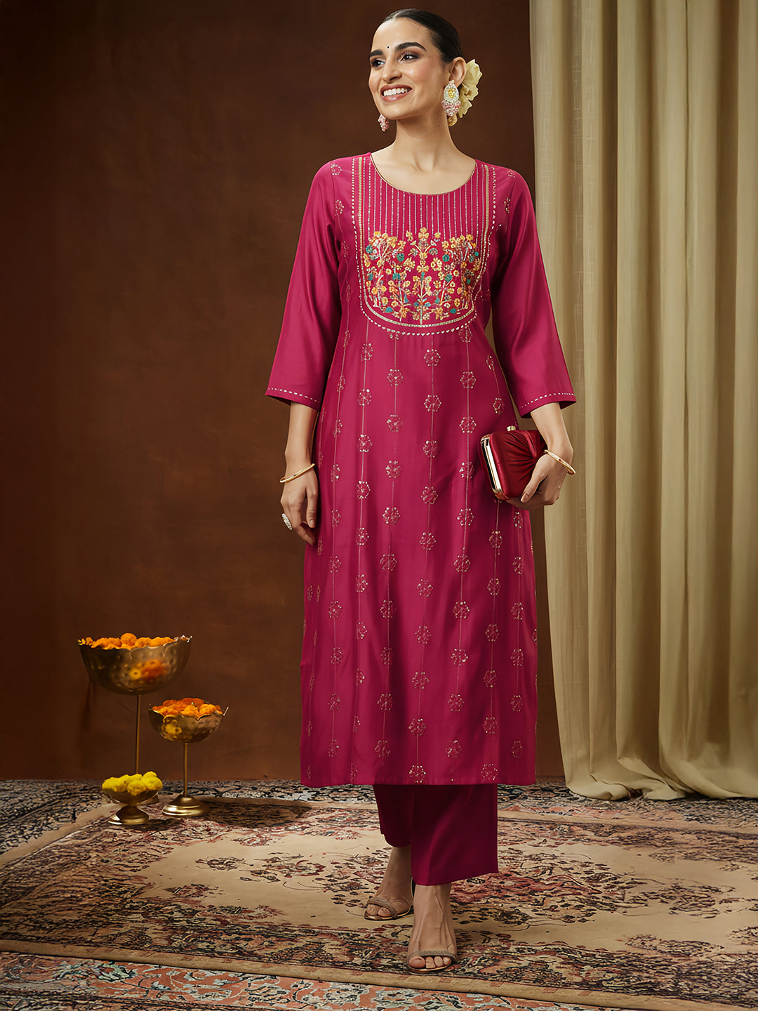 Janasya Women's Pink Silk Blend Embroidered Straight Kurta Pant Set