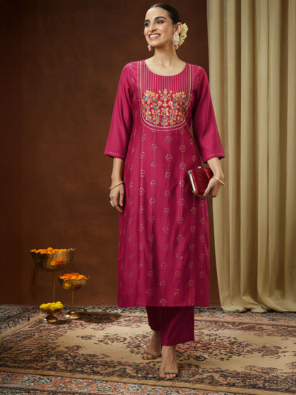 Janasya Women's Pink Silk Blend Embroidered Straight Kurta Pant Set