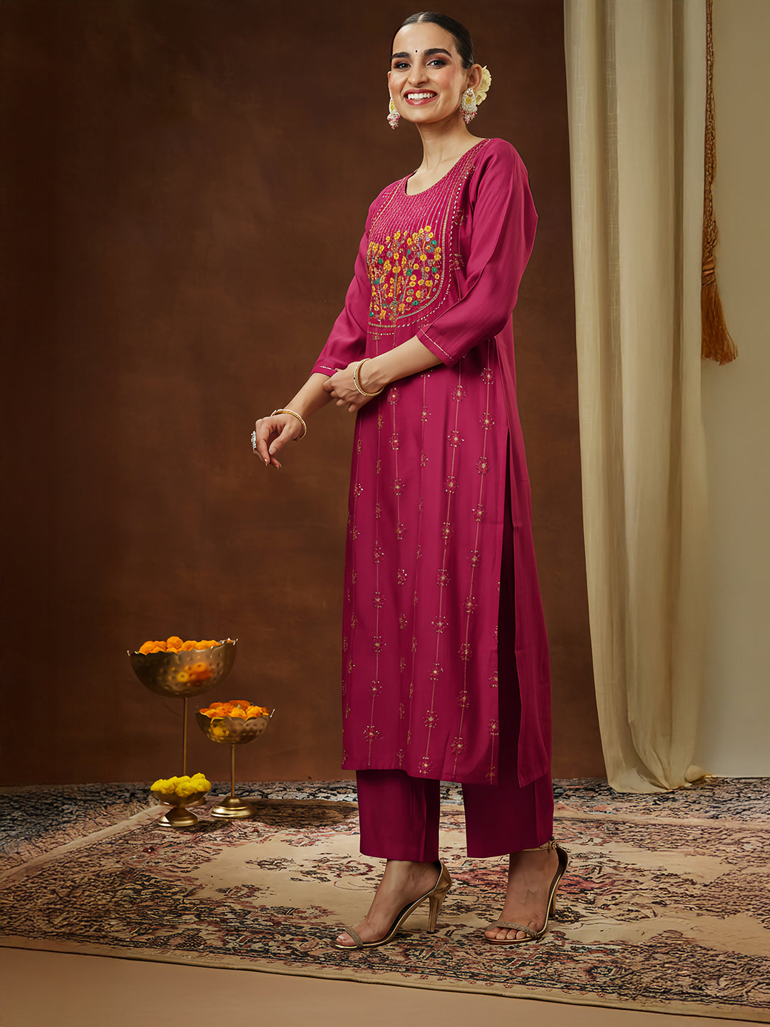 Janasya Women's Pink Silk Blend Embroidered Straight Kurta Pant Set