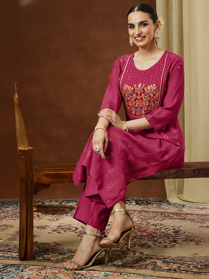 Janasya Women's Pink Silk Blend Embroidered Straight Kurta Pant Set