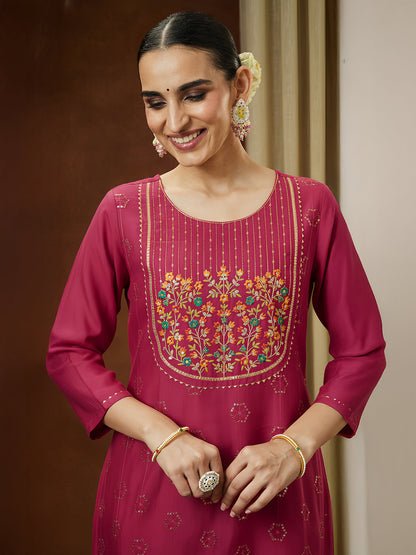Janasya Women's Pink Silk Blend Embroidered Straight Kurta Pant Set