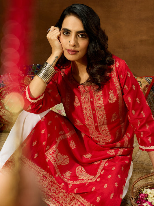 Janasya Women's Red Silk Blend Ethnic Printed Straight Kurta