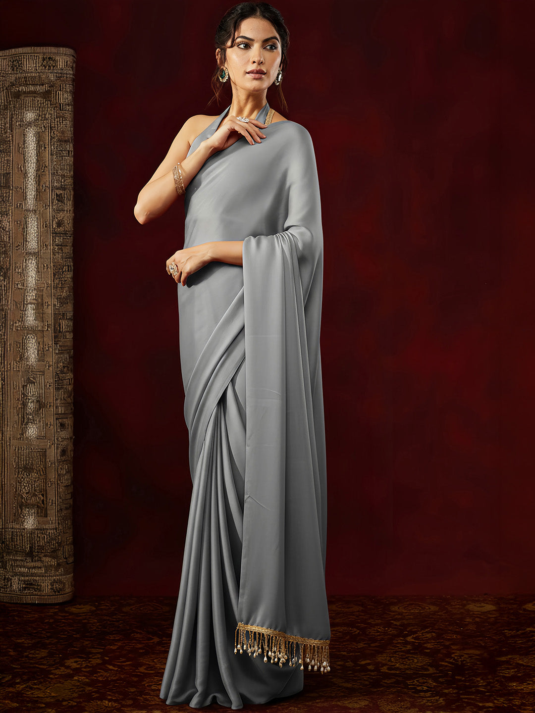 Janasya Women's Grey Satin One-Minute Ready-to-Wear Embellished Saree with Unstitched Blouse