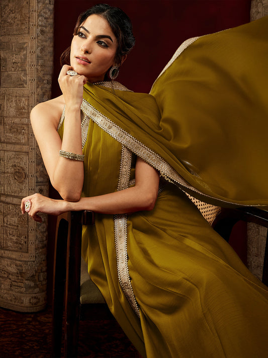 Janasya Women's Mustard Silk Blend One-Minute Ready-to-Wear Embellished Saree with Unstitched Blouse