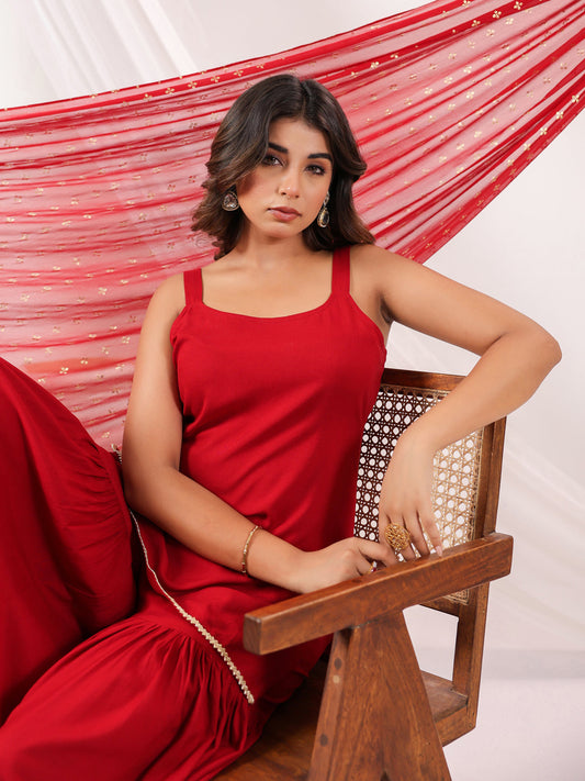 Janasya Women's Red Rayon Embellished Straight Kurti With Sharara & Dupatta Set