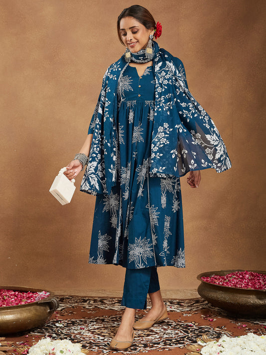 Janasya Women's Teal Blue Pure Cotton Floral Printed A-line Kurta Set